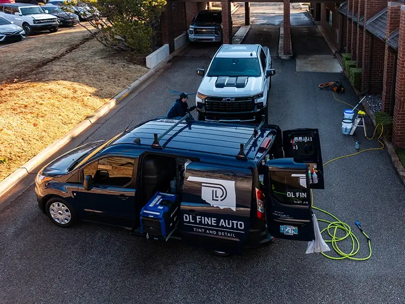Aerial view of Dante cleaning truck next to mobile service van